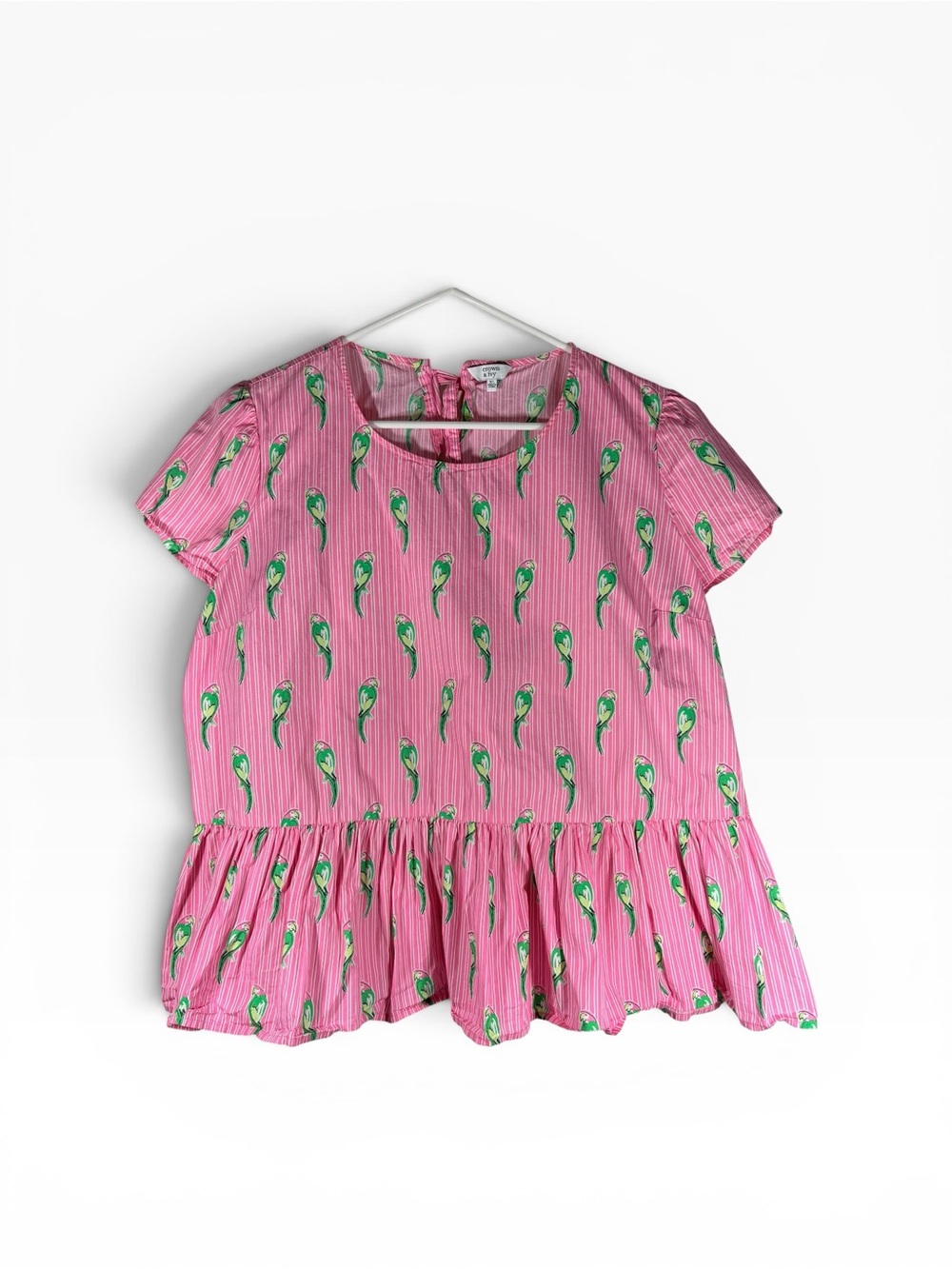Crown & Ivy Pink White Stripe Green Parrot Peplum Top XL